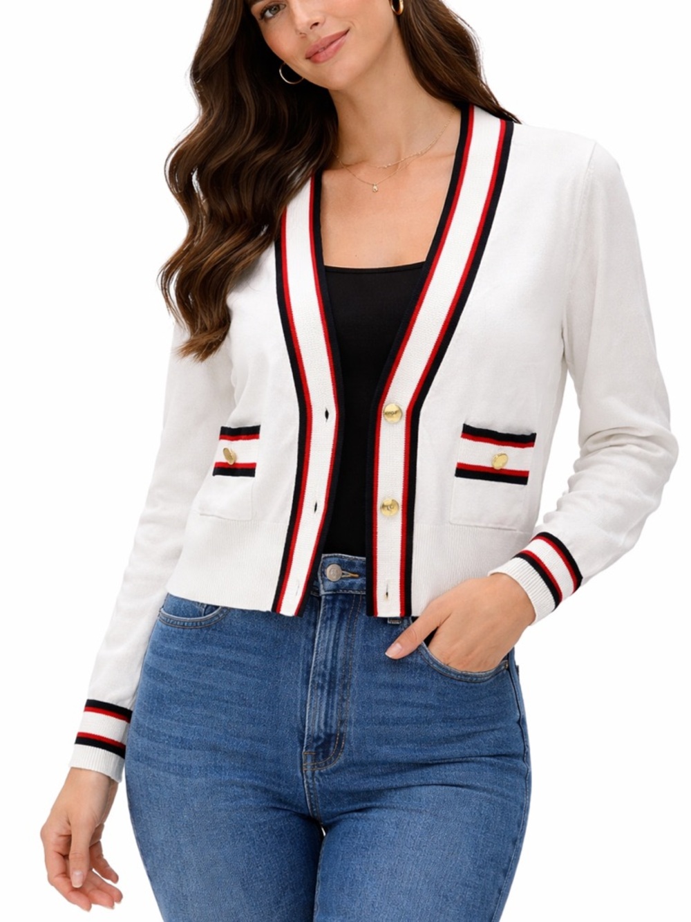 Ted Baker London Cropped Cardigan White Stripe Trim Gold Button Size 2